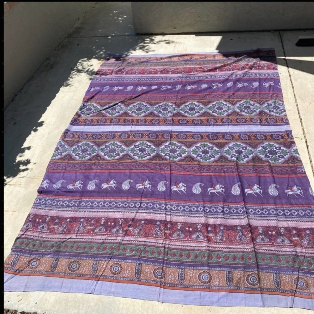 Vintage 1960s Indian Block Print Tapestry Tablecloth Cotton Purple
